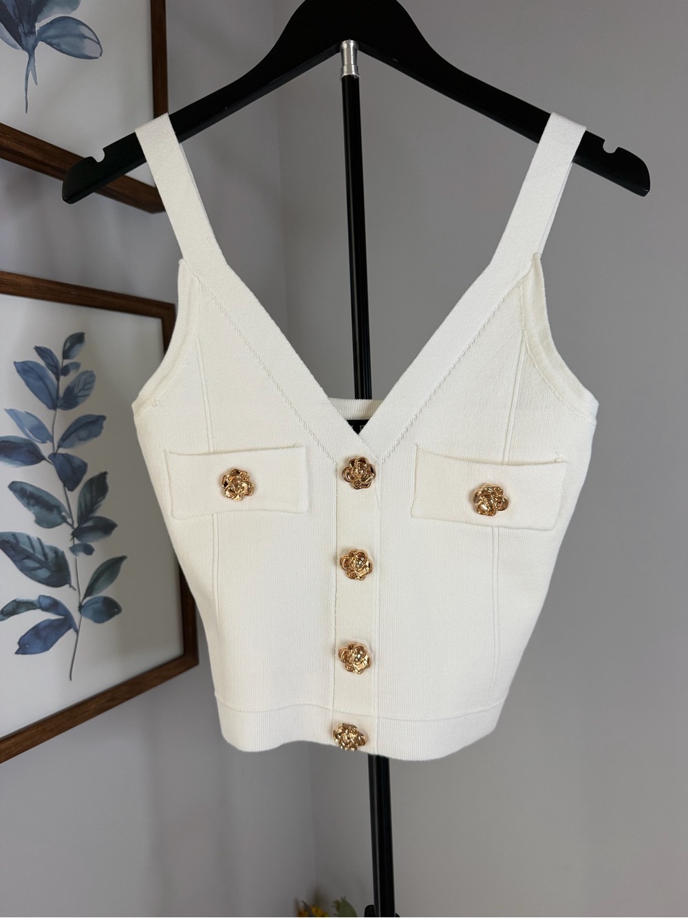 Elegant Cream V-Neck Button Front Camisole with Gold Floral Buttons